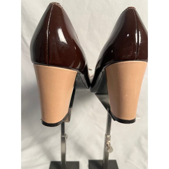 Franco Sarto Chocolate Brown Patent Block Heels w/ Nude Buckle Accent 8.5 - Picture 4 of 5